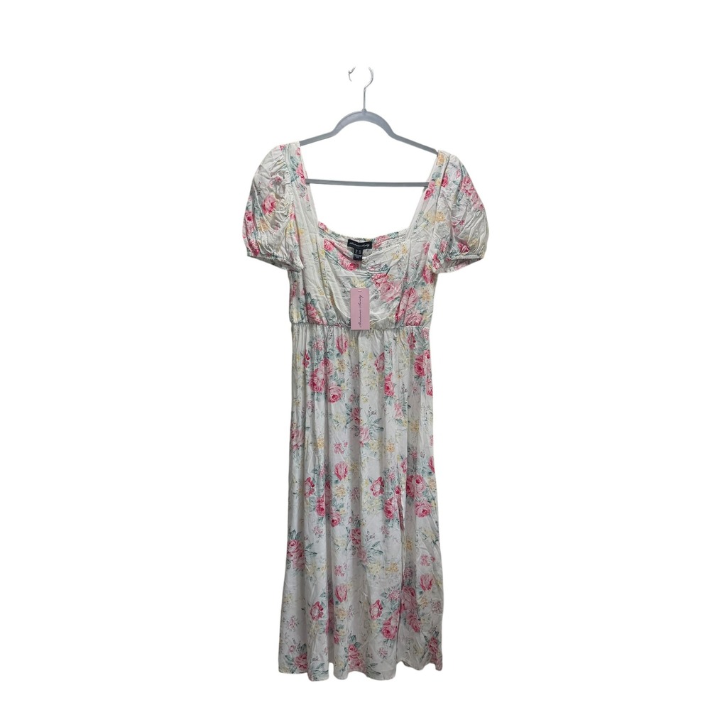 New Cottagecore Peasant Milkmaid Floral Midi Dress Pink Rose Puff Sleeve Smock